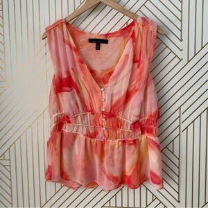 White House Black Market Ruched Waist Blouse Poplin Swipe Melon Ice abstract L